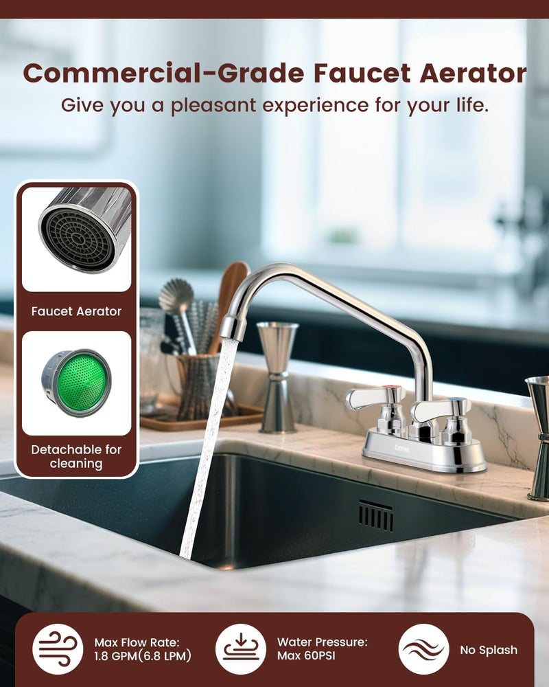 DAYONE 4" Center Commercial Bar Sink Faucet Chrome - Utility Sink Faucet 2 Handle with 10 inch 360° Swivel Spout Deck Mount for Kitchen Restaurant Sinks - Image 3